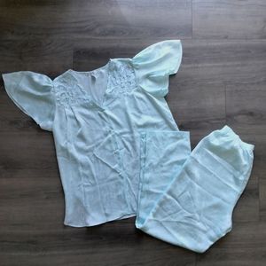 Vintage Erika Taylor Light Blue Satin Pajama Set Women's Size M Short Sleeve